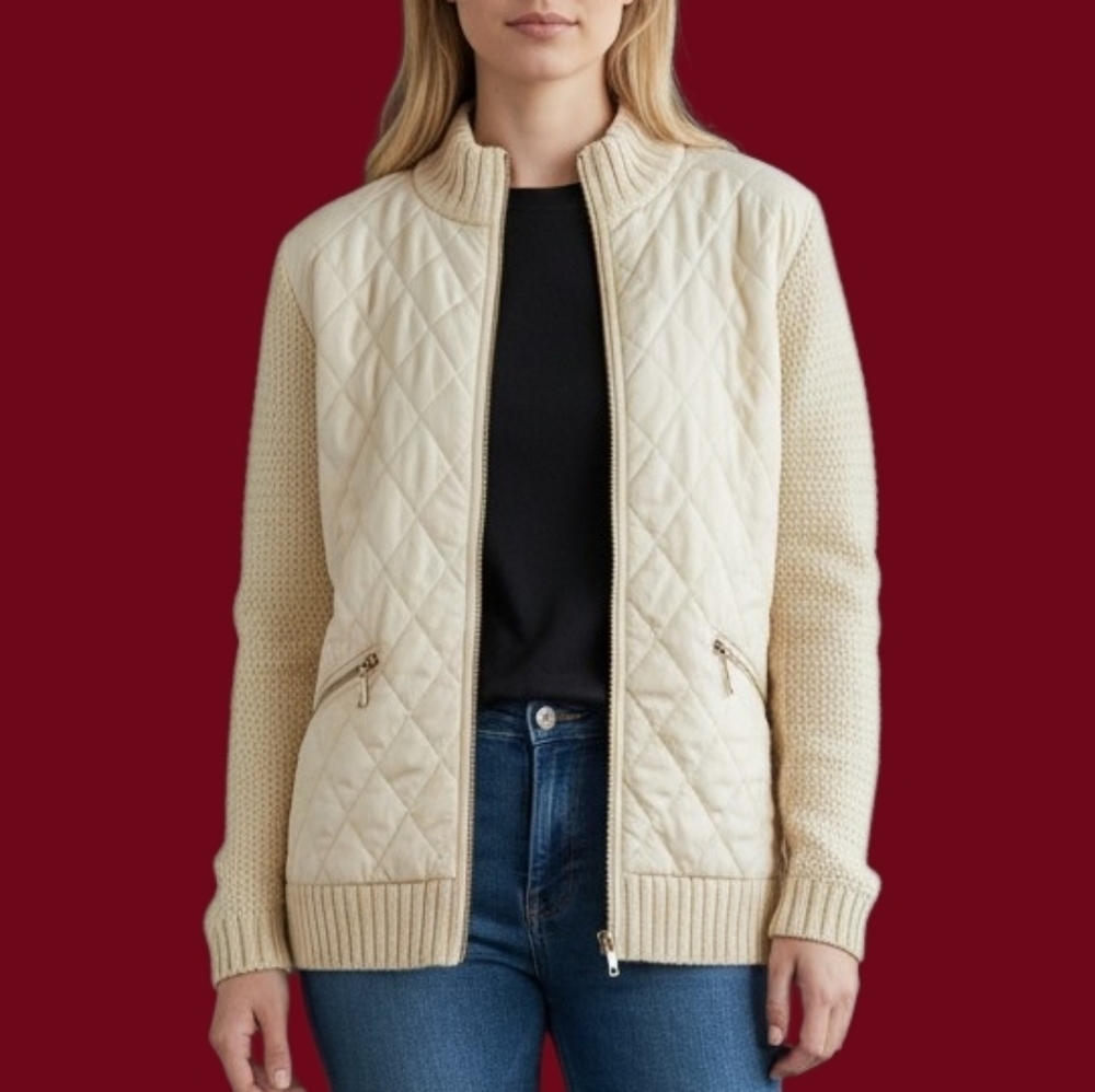 Oliver Cream Quilted Knit Crochet Sweater Zipper Coatigan Size Medium